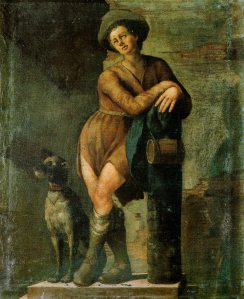 'Il Villano' dipinto attribuito G. M. Terreni. Rappresenta un villico con ai piedi un cane, a simbolo di fedeltà e una botticella da cui sgorgava l'acqua per l'uso del castel
